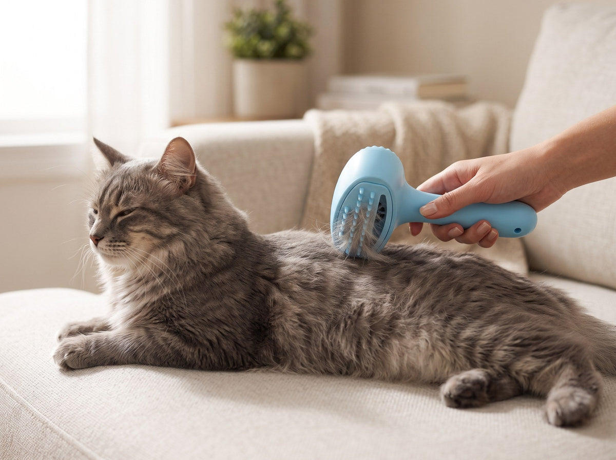 Cepillando a un gato de pelo largo en el sofá con el cepillo Peluso